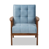 Baxton Studio Asta Mid-Century Modern Light Blue Velvet Fabric Upholstered Walnut Finished Wood Armchair