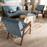 Baxton Studio Asta Mid-Century Modern Light Blue Velvet Fabric Upholstered Walnut Finished Wood 3-Piece Living Room Set