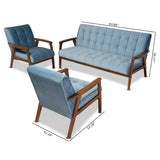 Baxton Studio Asta Mid-Century Modern Light Blue Velvet Fabric Upholstered Walnut Finished Wood 3-Piece Living Room Set