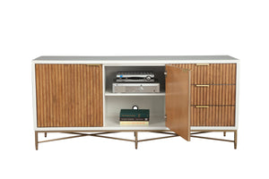 Larsen TV Console - Elegant White Mahogany with Gold Accents, Fully Assembled & Stylish Design