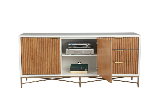 Larsen TV Console - Elegant White Mahogany with Gold Accents, Fully Assembled & Stylish Design