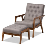 Naeva Mid-Century Modern Grey Fabric Upholstered Walnut Finished Wood 2-Piece Armchair and Footstool Set