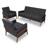 Perris  Mid-Century Modern Fabric Upholstered Walnut Finished 3-Piece Wooden Living Room Set