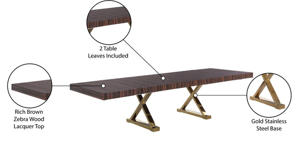 Excel Zebra Wood Veneer / Engineered Wood / Stainless Steel Contemporary Brown Zebra Wood Veneer Lacquer Extendable Dining Table (3 Boxes) - 84"/123.5" W x 43.25" D x 31" H