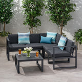 Noble House Navan Outdoor Aluminum V Shaped 5 Seater Sectional Sofa Set with Cushions, Dark Gray and Black