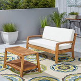 Grenada Loveseat and Coffee Table Set for Patio, Acacia Wood, Teak Finish with Beige Outdoor Cushions Noble House