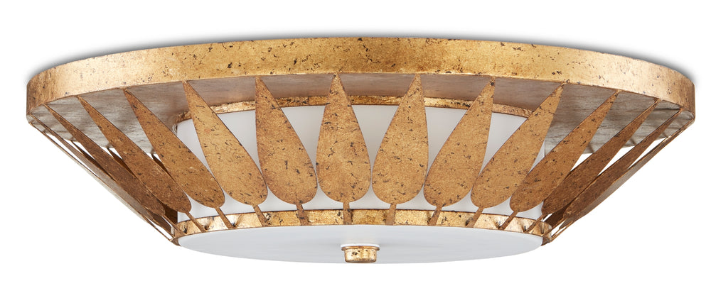 Floris Flush Mount: Elegant Gold Leaf Wrought Iron Ceiling Light with Milky Glass Diffuser, 22"