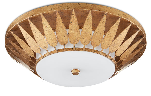 Floris Flush Mount: Elegant Gold Leaf Wrought Iron Ceiling Light with Milky Glass Diffuser, 22"
