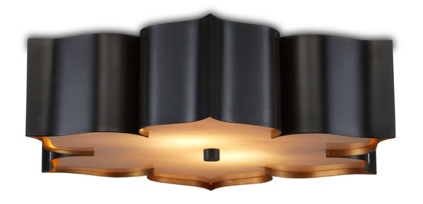 Grand Lotus Black Flush Mount Light Fixture - Stunning Wrought Iron Design with Gold Leaf Accents