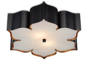 Grand Lotus Black Flush Mount Light Fixture - Stunning Wrought Iron Design with Gold Leaf Accents