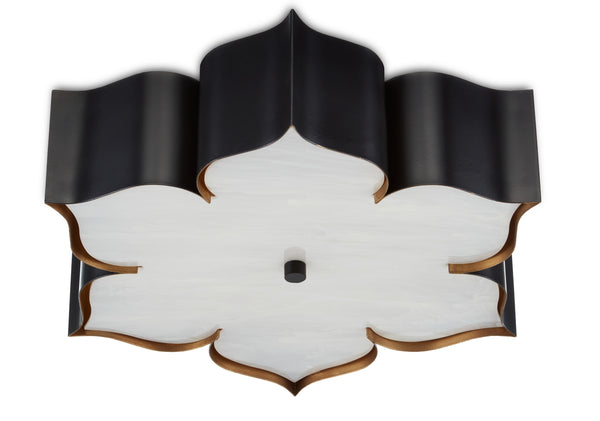 Grand Lotus Black Flush Mount Light Fixture - Stunning Wrought Iron Design with Gold Leaf Accents
