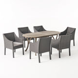 Vermont Outdoor 7 Piece Wood and Wicker Dining Set, Gray Finish and Gray Noble House