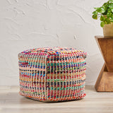 Madrid Handcrafted Boho Fabric Pouf, Ecru and Multi-Color Noble House