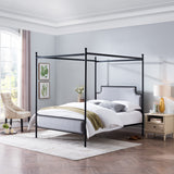 Beechmont Queen Size Iron Canopy Bed Frame with Upholstered Studded Headboard, Gray and Flat Black  Noble House