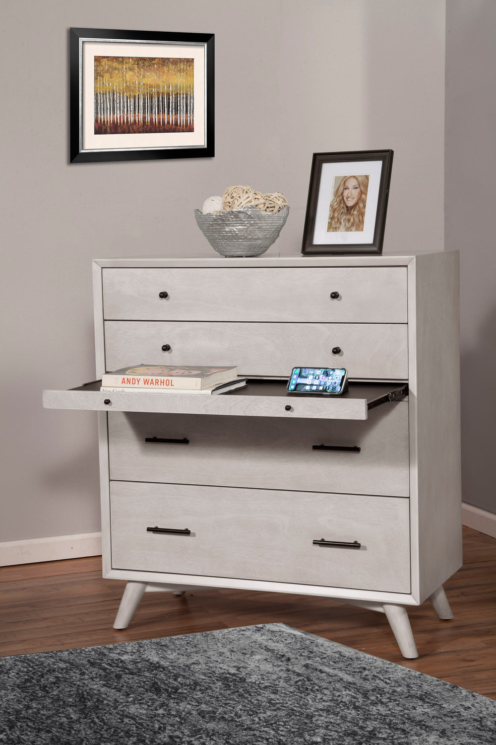 Alpine Furniture Flynn Mid Century Modern 4 Drawer Multifunction Chest w/Pull Out Tray, Gray 966G-05 Gray Mahogany Solids & Okoume Veneer 38 x 18 x 43