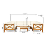 Noble House Brava Outdoor Acacia Wood 8 Seater U-Shaped Sectional Sofa Set with Coffee Table, Teak and Beige