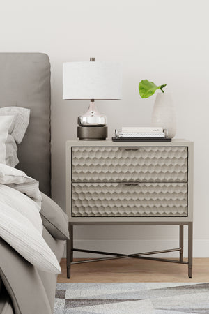 Milo Nightstand in Taupe - Sleek Contemporary Design with Textured Drawers and Pewter Accents