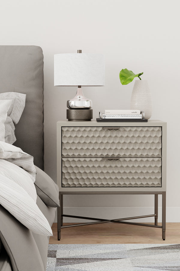 Milo Nightstand in Taupe - Sleek Contemporary Design with Textured Drawers and Pewter Accents