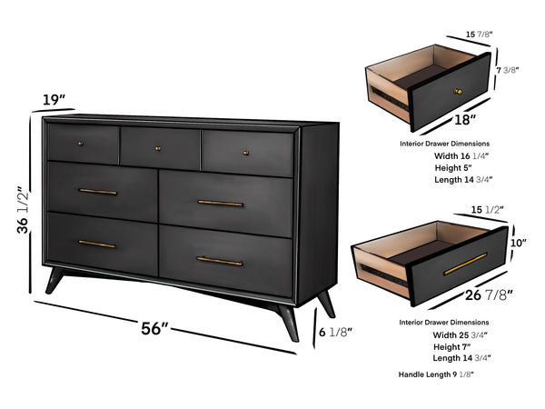Alpine Furniture Flynn Mid Century Modern 7 Drawer Dresser, Black 966BLK-03 Black Mahogany Solids & Okoume Veneer 56 x 19 x 36.5