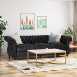 Somerville Chesterfield Tufted Microfiber Sofa with Scroll Arms, Black Noble House