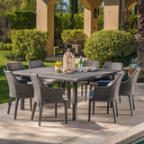 Arnell Outdoor 9 Piece Grey Wicker Square Dining Set with Light Grey Water Resistant Cushions Noble House