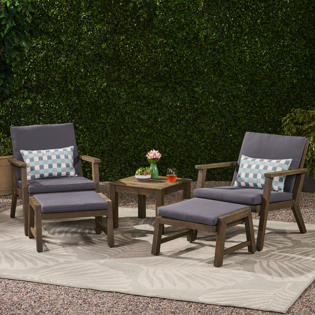 Temecula Outdoor Mid-Century Modern Acacia Wood 2 Seater Chat Set with Ottomans, Gray and Dark Gray Noble House