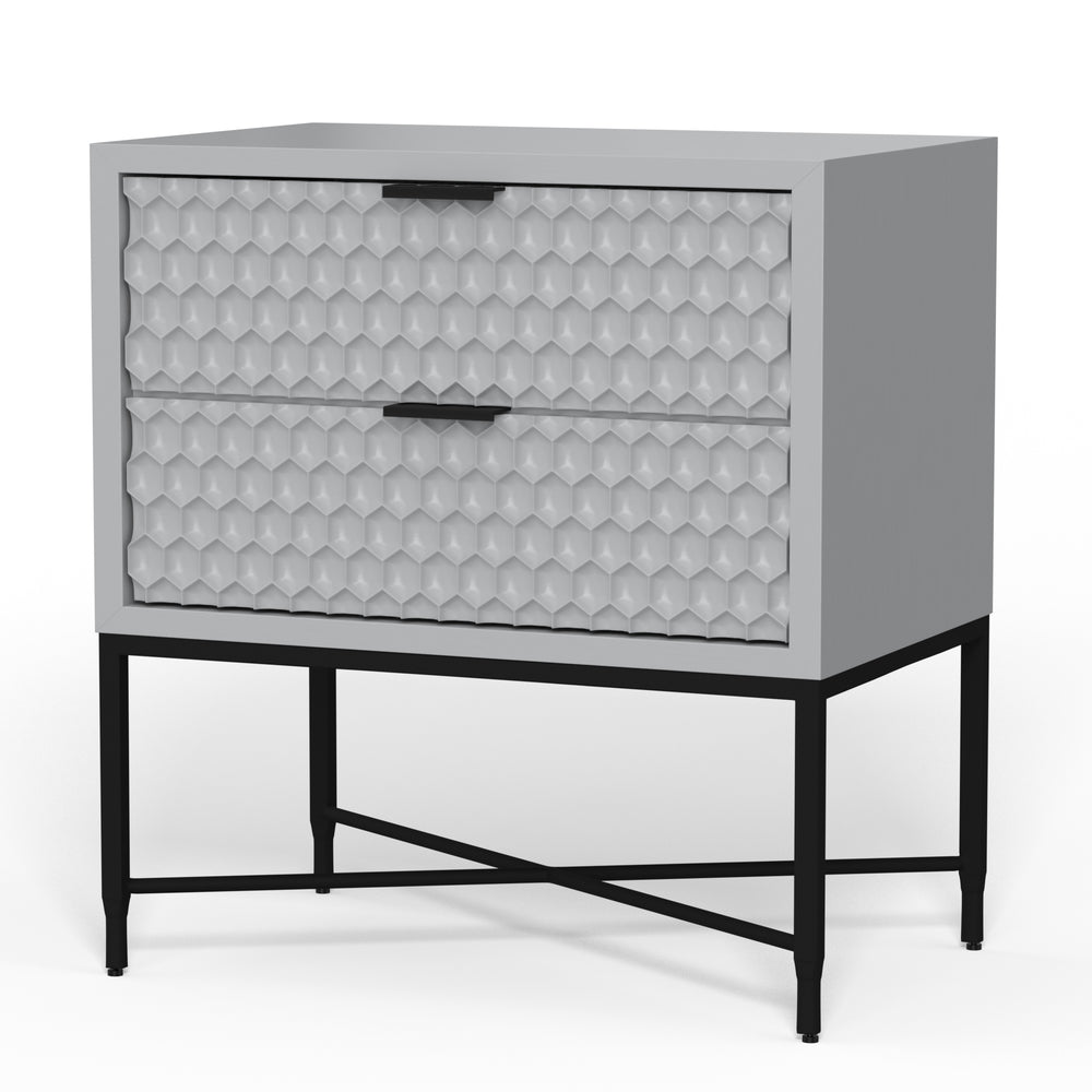 Milo Nightstand in Light Slate Grey - Stylish Storage with Textured Drawers & Black Metal Base