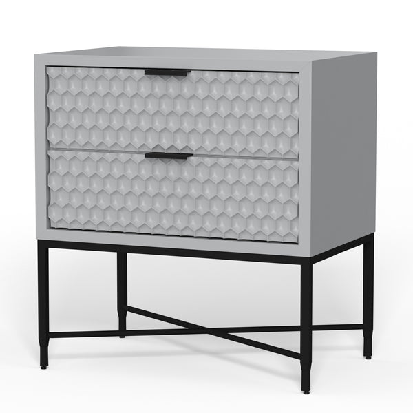 Milo Nightstand in Light Slate Grey - Stylish Storage with Textured Drawers & Black Metal Base