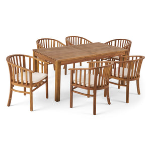 Noble House Alondra Outdoor Expandable 6 Seater Acacia Wood Dining Set, Teak Finish and Cream 