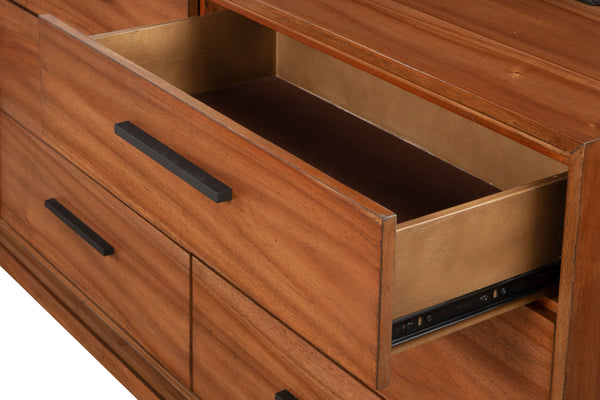 Nova Dresser in Honey Maple - Fully Assembled Mahogany with Six Drawers and Elegant Bronze Hardware