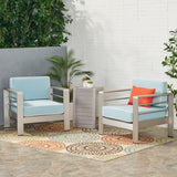 Cape Coral Outdoor 3 Piece Silver Aluminum Framed Chat Set with Light Teal and White Corded Water Resistant Cushions Noble House
