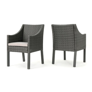 Antibes Outdoor Grey Wicker Dining Chairs with Silver Water Resistant Cushions Noble House