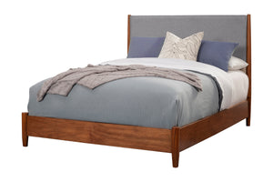 Alpine Furniture Flynn Mid Century Modern Two Tone Standard King Panel Bed, Acorn/Grey 999-07EK Acorn  with Grey Upholstered Headboard Mahogany Solids & Okoume Veneer 80 x 86 x 52