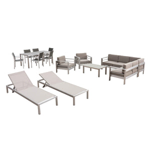 Cape Coral Outdoor 15 Piece Aluminum Estate Collection, Silver, Gray, and Khaki Noble House