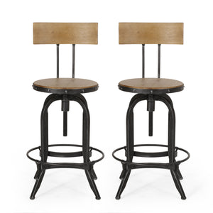 Ximen Modern Industrial Firwood Adjustable Height Swivel Barstools, Natural and Black Brushed Silver Noble House