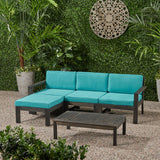 Santa Ana Outdoor 3 Seater Acacia Wood Sofa Sectional with Cushions, Dark Gray and Teal Noble House