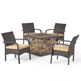 Cordoba Patio Fire Pit Set, 4-Seater with Club Chairs, Wicker with Outdoor Cushions, Brown, Tan, Stone Finish Noble House