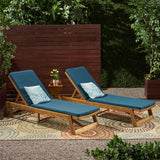 Maki Outdoor Acacia Wood Chaise Lounge and Cushion Sets, Teak and Blue Noble House
