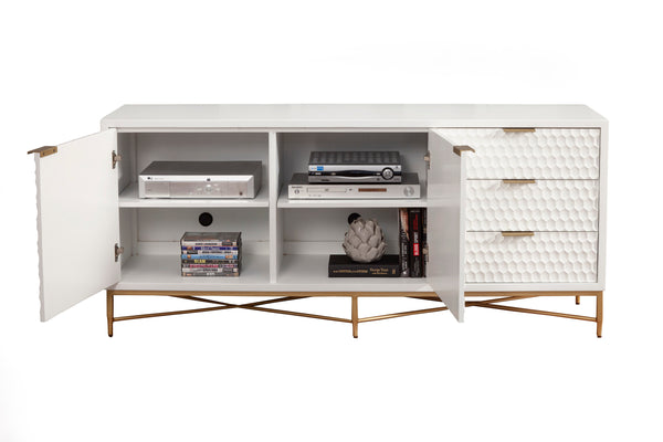 White Pearl Media Console - Contemporary Design with Gold Accents, Ample Storage & Textured Style