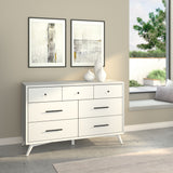 Alpine Furniture Flynn Mid Century Modern 7 Drawer Dresser, White 966-W-03 White Mahogany Solids & Okoume Veneer 56 x 19 x 36.5