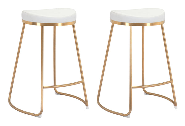 Zuo Modern Bree 100% Polyurethane, Plywood, Stainless Steel Modern Commercial Grade Counter Stool Set - Set of 2 White, Gold 100% Polyurethane, Plywood, Stainless Steel