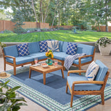 Noble House Grenada Outdoor Acacia Wood 6 Seater Sectional Sofa and Club Chair Set with Coffee Table, Teak and Blue