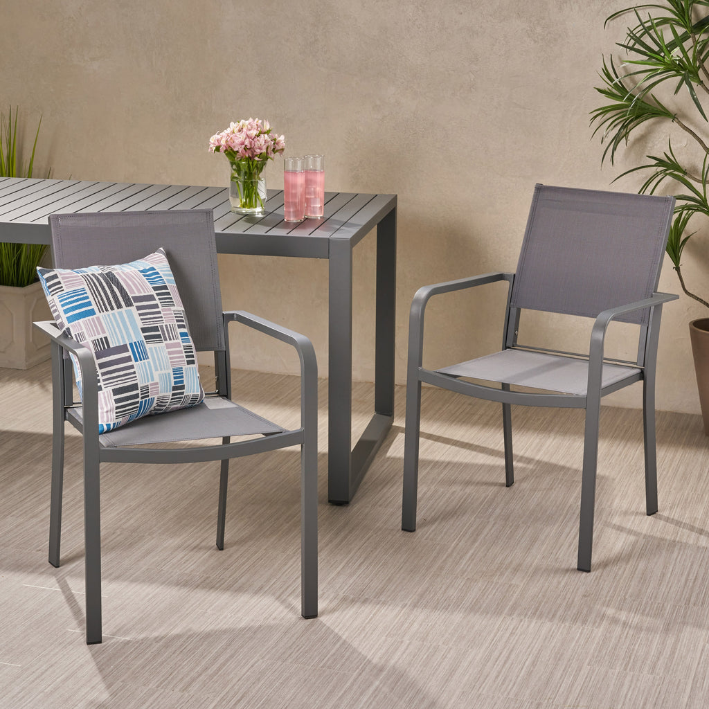 Cape Coral Outdoor Modern Aluminum Dining Chair with Mesh Seat, Gun Metal Gray and Dark Gray Noble House