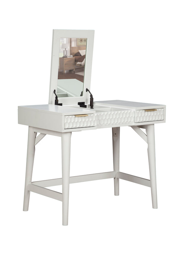 White Pearl Bedroom Vanity - Contemporary Mahogany Design with Textured Drawers & Hidden Mirror Storage