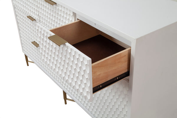 White Pearl Dresser with 7 Drawers, Textured Fronts & Gold Accents - Contemporary Storage Solution