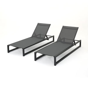 Modesta Outdoor Black Finished Aluminum Framed Chaise Lounge with Grey Mesh Body Noble House