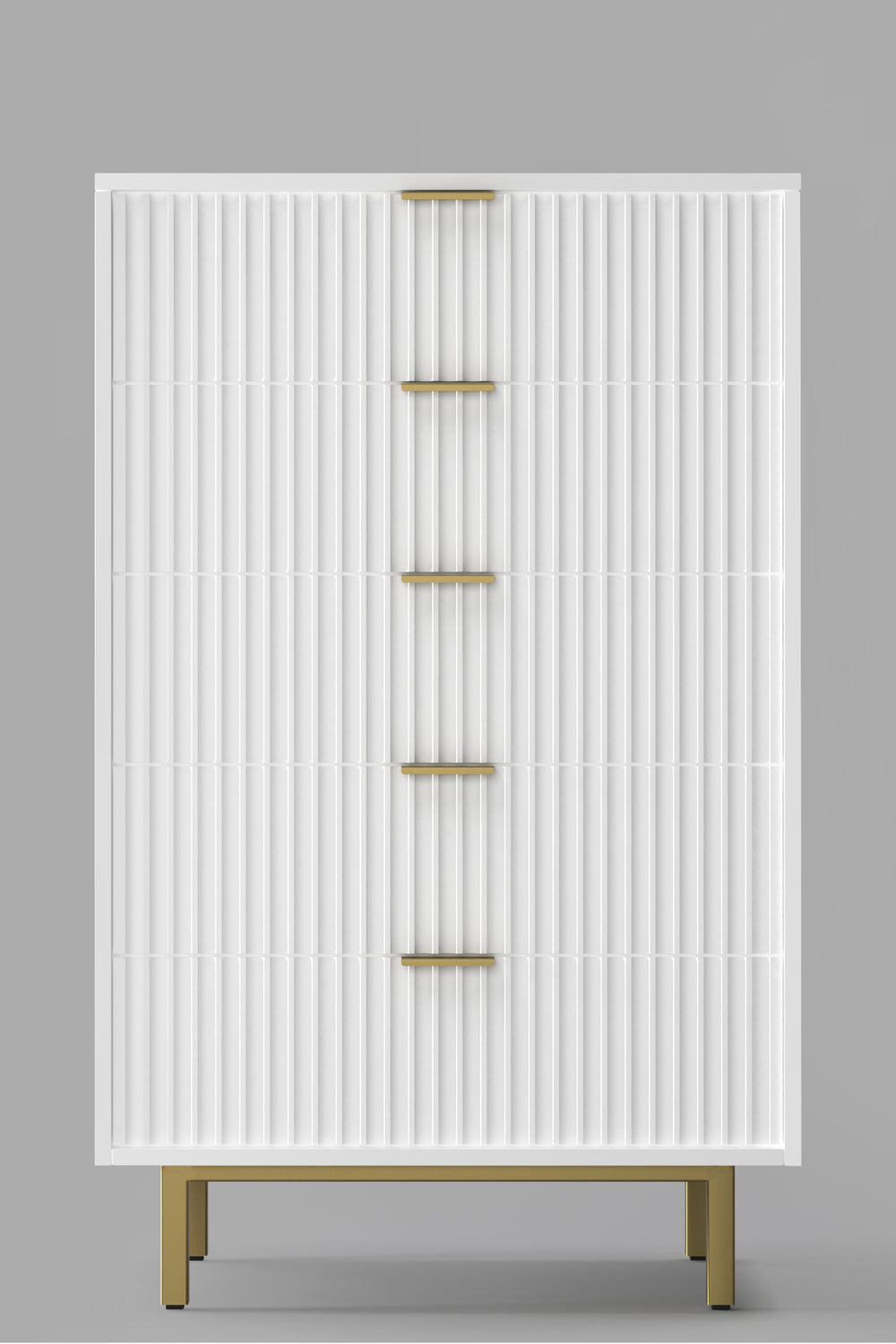 Casey Chest - Elegant White Mahogany Storage with Textured Drawers & Gold Accents, Fully Assembled