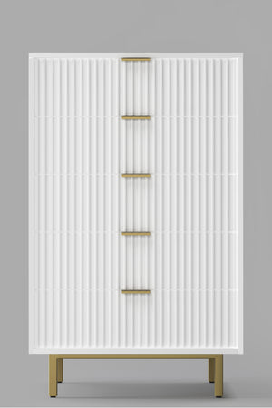 Casey Chest - Elegant White Mahogany Storage with Textured Drawers & Gold Accents, Fully Assembled