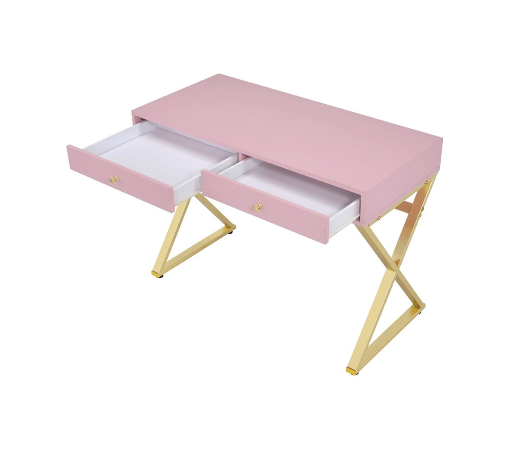 Coleen Contemporary Vanity Desk TOP] Pink Wood (pastel) •BASE] Gold Metal (Brass) AC00896-ACME