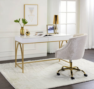 Lightmane Contemporary Vanity Desk WOOD TOP] White High Gloss (cc#) •METAL BASE] Gold (Gold Electroplating) AC00900-ACME
